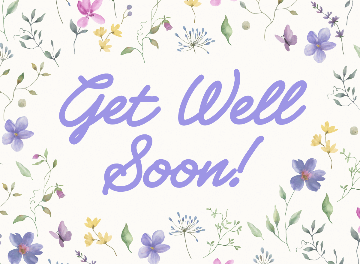 Get well card with purple background and illustrated flowers